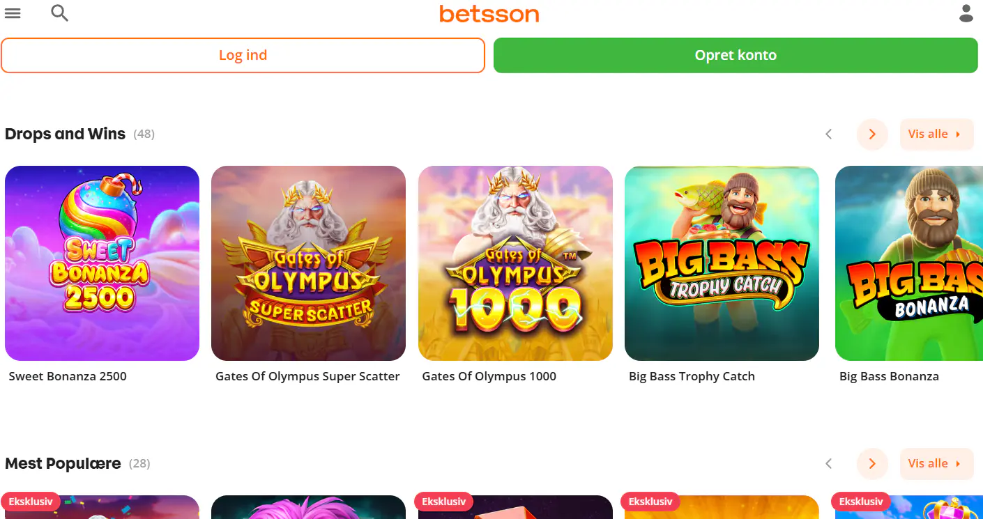 Betsson.dk casino interface på dansk